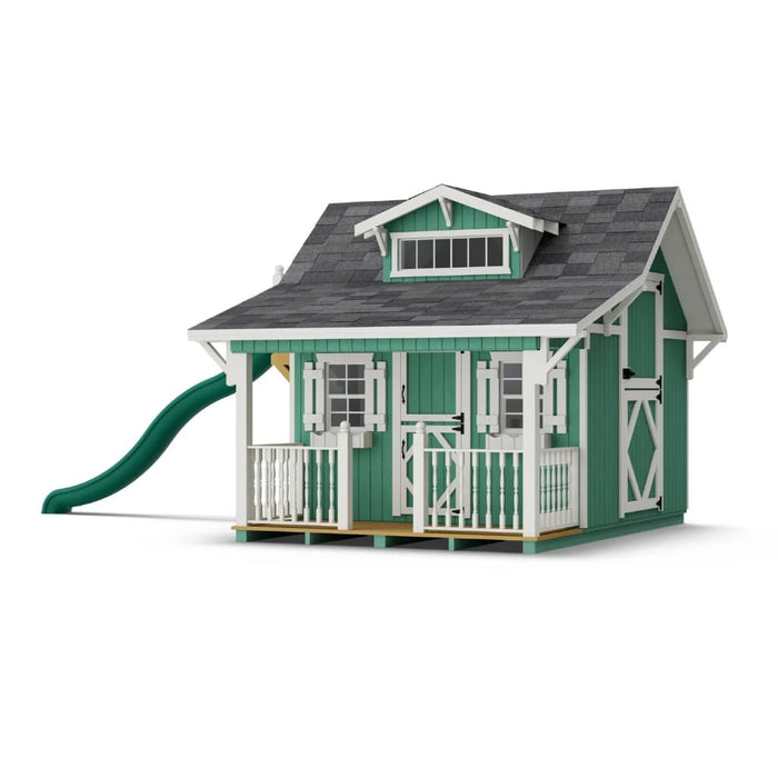 Little Cottage Co 11x8 Playhouse in green with a slide on a white background