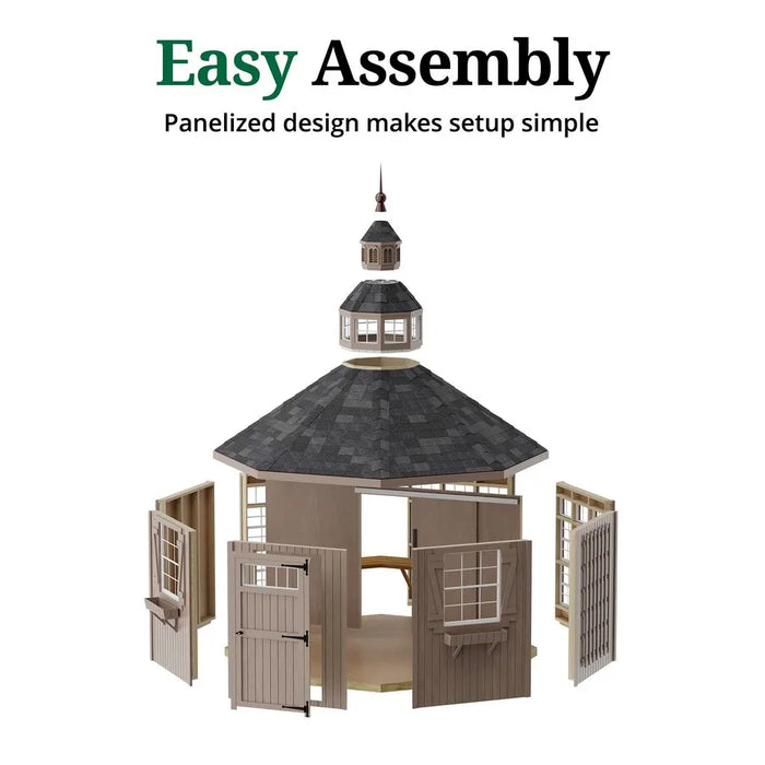 Exploded view of little cottage co 12x12 octagon greenhouse panelized design on a white background, featuring text about easy assembly.