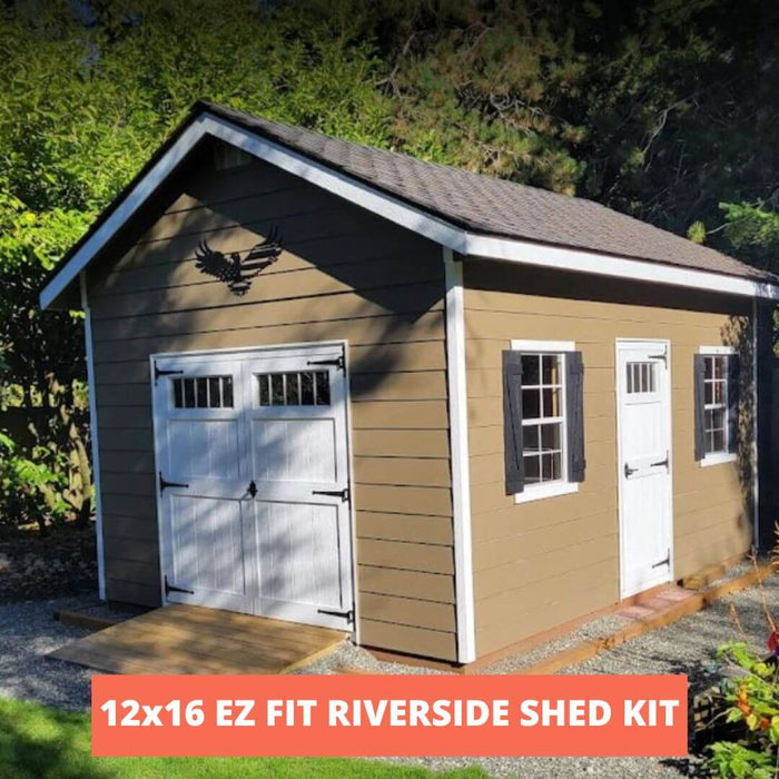 12x16 Riverside storage shed with single garage door and side entry in a green backyard
