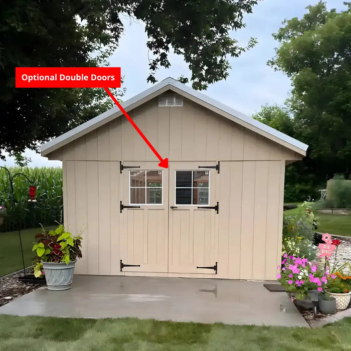 Beige EZ-Fit Greenhouse Kit with optional double door feature highlighted by a red arrow.