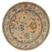 Closer overhead view of round pink, peach, and gold floral Oushak rug with border visible