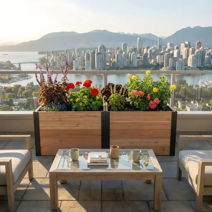 Outdoor Living Today 6x3 Urban Raised Garden Bed in patio setting with table, chairs, and cityscape view.