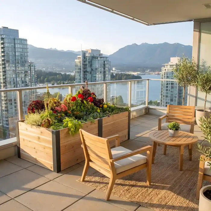 Outdoor Living Today 6x3 Urban Raised Garden Bed Balcony with wooden furniture, and cityscape view