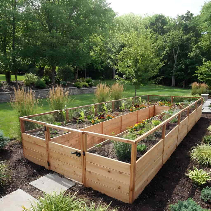 Outdoor Living Today 8x16 cedar raised garden bed with different plants in a lush green garden setting