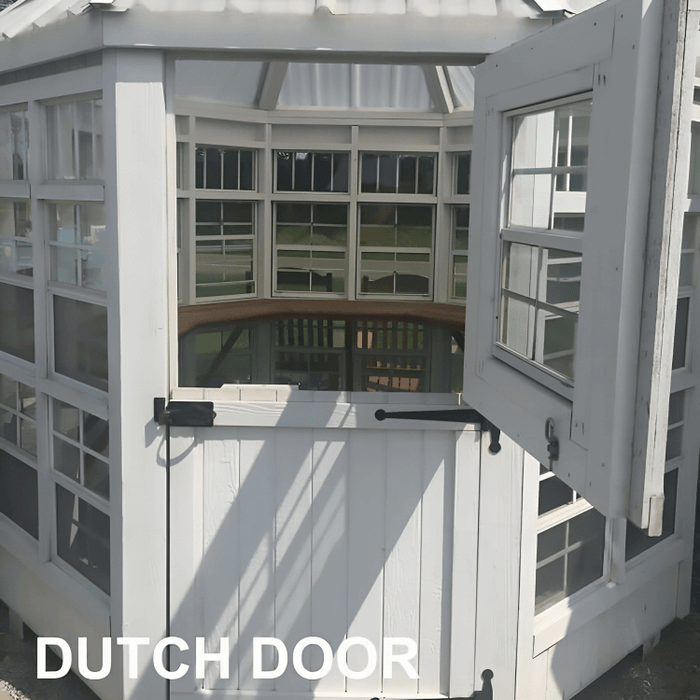 little cottage company 8x8 octagon greenhouse view of dutch door from outside