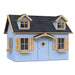 Small blue palmako marie 9x6  playhouse kit with wooden accents on a white background