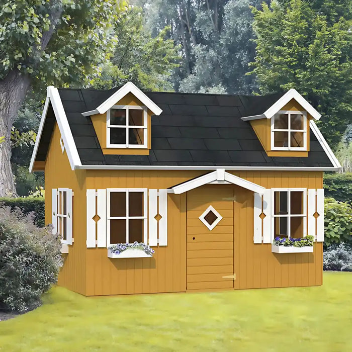 Palmako marie 9x6 wood playhouse kit with dormer windows in a garden setting