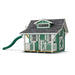 Green 9x8 Little Cottage Co Craftsman Playhouse with a slide on a white background