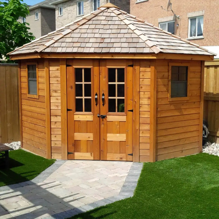 Outdoor Living Today - 9x9 Penthouse Cedar Garden Shed - Fully Assembled in a Corner