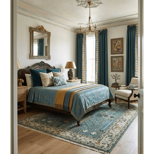Aqua Green and Ivory wool area rug beneath a bed in a furnished bedroom.
