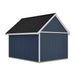 Rear and opposite-wall illustration of the shed with blue vertical siding, a blank gable end and no visible doors, windows or dormers on the shown sides.