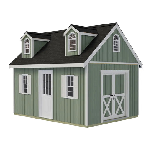 Supplier illustration of the Planner’s Paradise Elite shed with green siding, X-braced sliding double doors, two dormers, an arched gable window and a glazed side door between two shuttered windows.