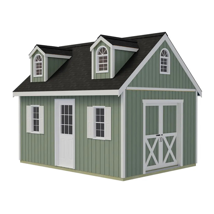 Supplier illustration of the Planner’s Paradise Elite shed with green siding, X-braced sliding double doors, two dormers, an arched gable window and a glazed side door between two shuttered windows.