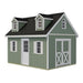 Supplier illustration of the Planner’s Paradise Elite shed with green siding, X-braced sliding double doors, two dormers, an arched gable window and a glazed side door between two shuttered windows.