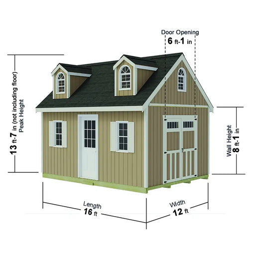12x16 transom-door shed dimension illustration with length, width, wall and peak heights. Illustrated ground-floor framing is not included.