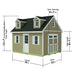 12x16 transom-door shed dimension illustration with length, width, wall and peak heights. Illustrated ground-floor framing is not included.
