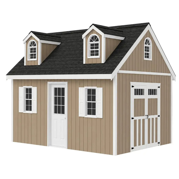 Tan Planner’s Paradise Elite shed illustration with gable transom double doors, two dormers, an arched gable window and a glazed side entry.