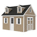 Tan Planner’s Paradise Elite shed illustration with gable transom double doors, two dormers, an arched gable window and a glazed side entry.