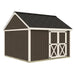 Three-quarter exterior rendering of the Backyard Basecamp 12x12 shed with double barn doors on the long eave wall and no windows shown.