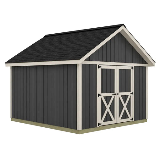 Three-quarter exterior rendering of the Backyard Basecamp 12x12 shed with double doors on the gable wall and no windows shown.