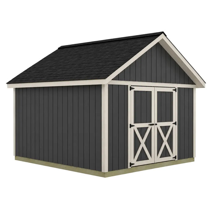 Three-quarter exterior rendering of the Backyard Basecamp 12x12 shed with double doors on the gable wall and no windows shown.