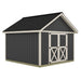 Three-quarter exterior rendering of the Backyard Basecamp 12x12 shed with double doors on the gable wall and no windows shown.