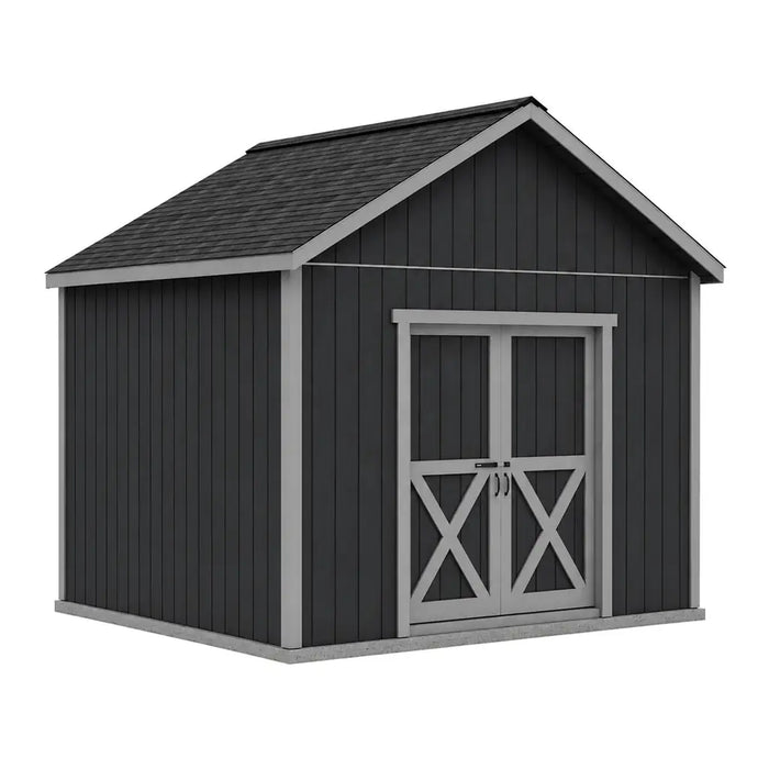 Exterior rendering of a tall Backyard Basecamp 12x12 shed with centered sliding double doors on the gable wall and no windows shown.