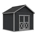 Exterior rendering of a tall Backyard Basecamp 12x12 shed with centered sliding double doors on the gable wall and no windows shown.