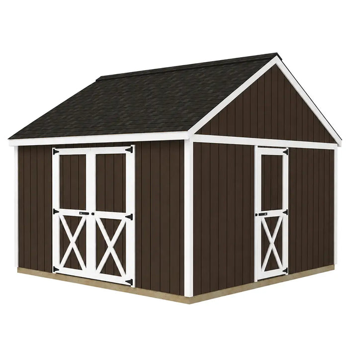 Exterior rendering of the Backyard Basecamp 12x12 shed with double barn doors on the eave wall, a single walk-in door on the gable wall and no windows shown.