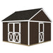 Exterior rendering of the Backyard Basecamp 12x12 shed with double barn doors on the eave wall, a single walk-in door on the gable wall and no windows shown.