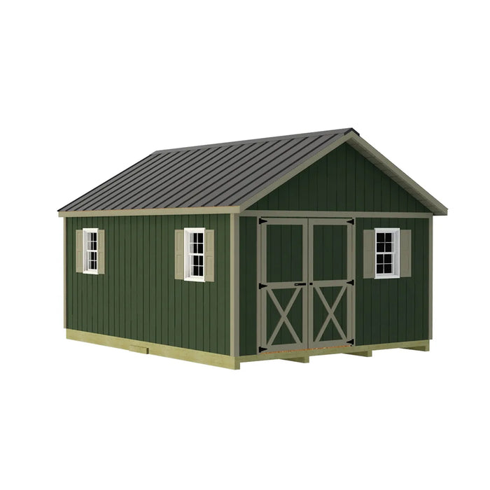 Best Barns Crafter's Connection 12x16 shed with offset gable double doors; windows, floor, roof covering and paint shown are not included