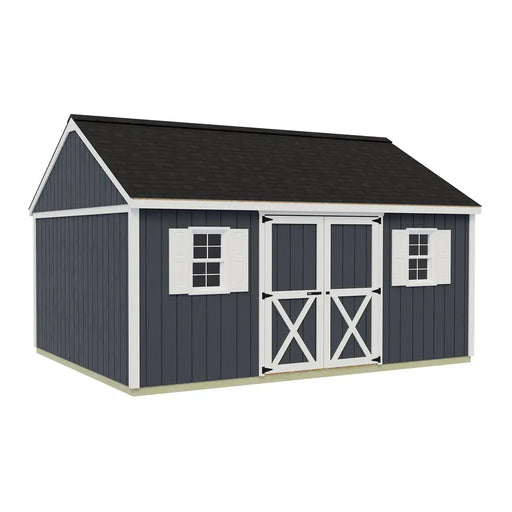 Best Barns Crafter's Connection 12x16 shed with centered eave double doors; optional windows and finished roof shown