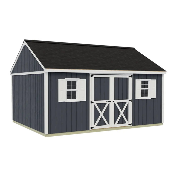 Best Barns Crafter's Connection 12x16 shed with centered eave double doors; optional windows and finished roof shown