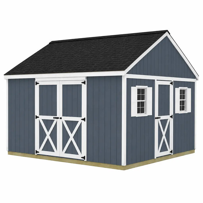 Best Barns Crafter's Connection 12x16 shed with centered eave double doors and gable walk-in door; optional windows and finished roof shown
