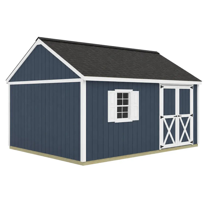 Best Barns Crafter's Connection 12x16 shed with offset eave double doors; optional window and finished roof shown