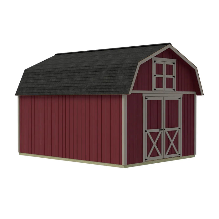 Best Barns Handcrafted Homestead 12x16 shed kit with loft shown from the front and side, with centered lower double doors, upper loft doors, and a gambrel roof.