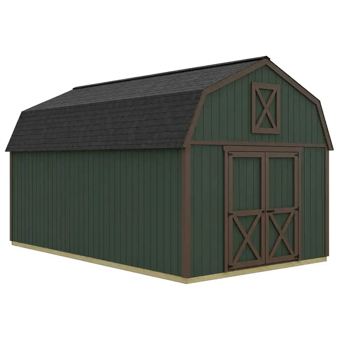 Handcrafted Homestead 12x20 No Loft shed illustration in green and brown, with centered gable doors and upper X trim