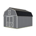 Supplier illustration of the Handcrafted Homestead barn with centered double gable doors, decorative upper door trim and no side windows.