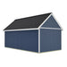 Blue rear rendering of the Planner's Paradise Elite shed showing blank opposite gable and eave walls beneath a roof slope without dormers.