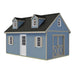 Blue finished rendering of the Planner's Paradise Elite shed with sliding double gable doors, a glazed side entrance, shuttered windows, two dormers and a sunburst window.