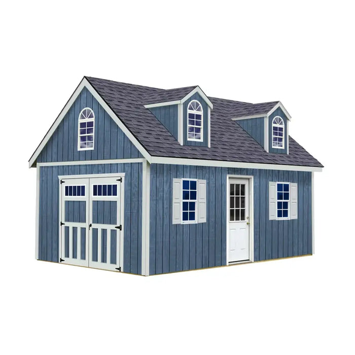 Manufacturer series illustration of the Planner's Paradise Elite configuration with blue siding, white trim, transom double doors, two dormers, a side entry door, and shuttered windows