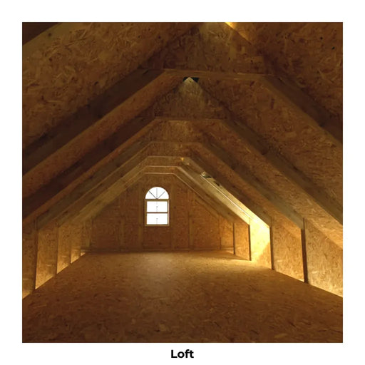 Manufacturer illustration of the unfinished wood interior with a loft deck, exposed roof framing, and a gable window