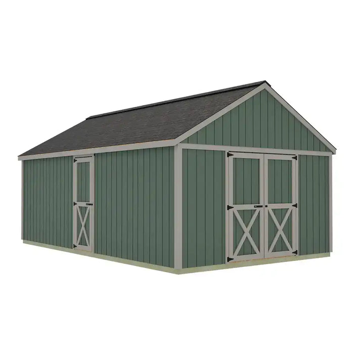 Illustration of the Best Barns Shedquarters 12x20 Walk-In shed painted green, with double gable doors and a single eave-side entrance