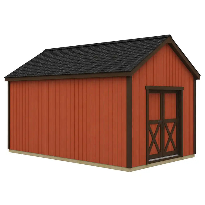 Illustration of a red Best Barns Shedquarters shed with tall walls and centered sliding doors on the gable end.