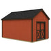 Illustration of a red Best Barns Shedquarters shed with tall walls and centered sliding doors on the gable end.