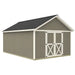 Illustration of a gray Standard Shedquarters shed with hinged double barn doors on the gable end and a windowless long wall.