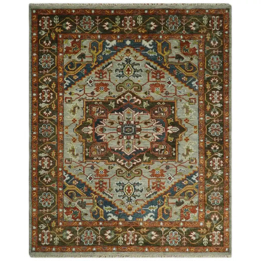 Blue and Brown Heriz Serapi rug shown in an isolated full front view