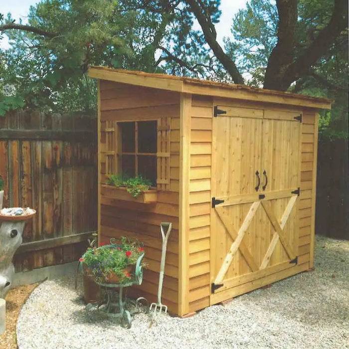 Cedarshed Bayside double door garden shed with cedar siding for outdoor storage.