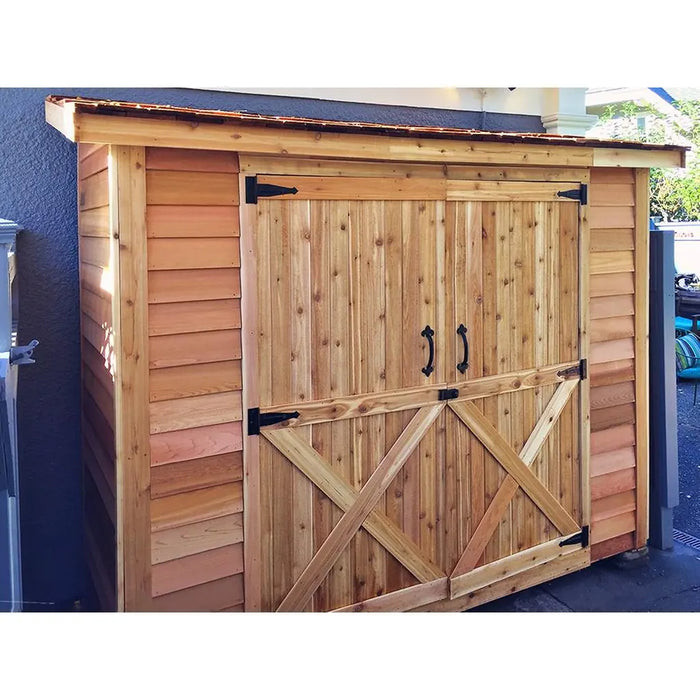 Cedarshed Bayside double door lean shed with cedar exterior and compact storage layout.