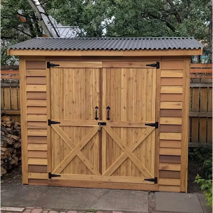 Cedarshed Bayside double door cedar storage shed front view for backyard organization.